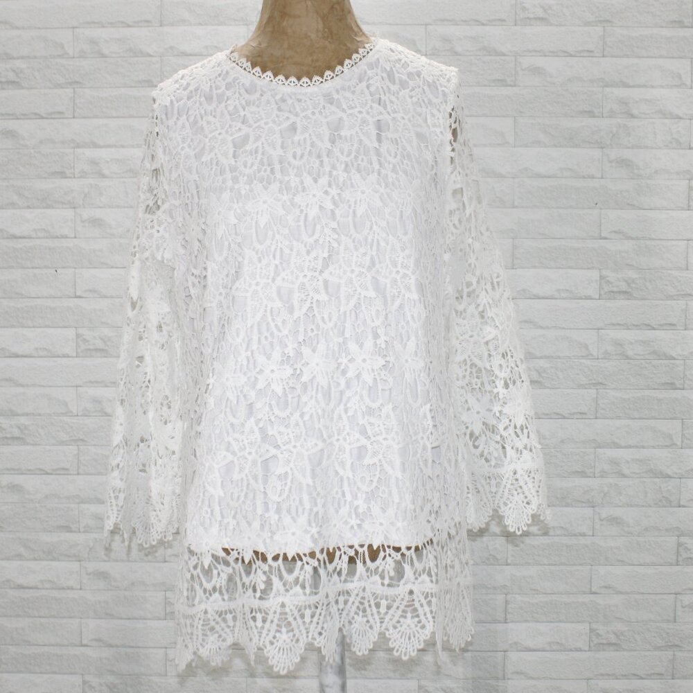 VINTAGE Lace Tunic Top Open Weave Sheer Floral Resortwear Boho Scalloped White